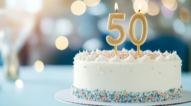 Creamy 50th Birthday Cake with Lit Candles, Celebration and Dessert for Milestone Anniversary Party, Golden Glitter 50 Number.
