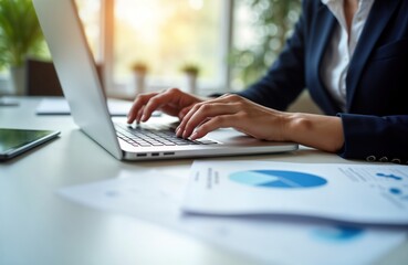 Businesswoman in office working on laptop. Hands type on keyboard. Financial analysis report. Documents, charts on desk. Modern office environment. Focused professional. Utilizing technology for