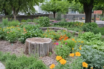 Naklejka premium A thriving community garden with various vegetables, flowers, and herbs, demonstrating the benefits of community-driven green spaces.
