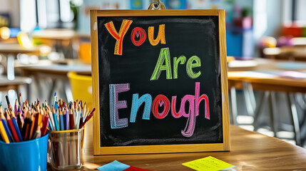 Motivational "You Are Enough" message on a classroom chalkboard.