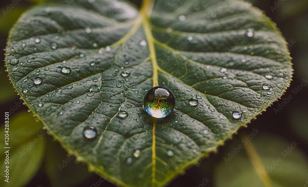 Poster a leaf with a drop of water on it. the water droplet is reflecting the light and creating a beautifu