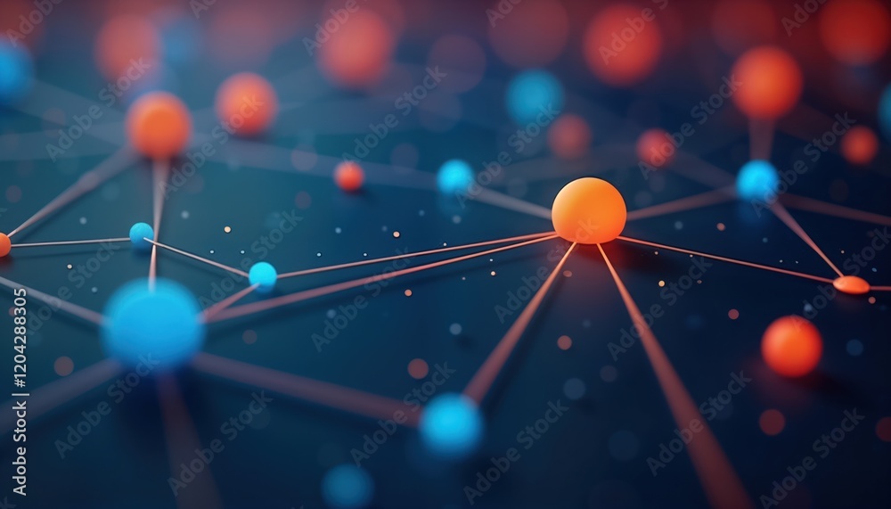 Fototapete Abstract illustration of network connection. Colorful circles connected by lines on dark blue background. Modern design concept for technology communication business digital presentation. Dynamic