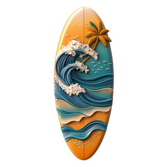 Surfboard with Waves and Palm Tree Design on Transparent Background