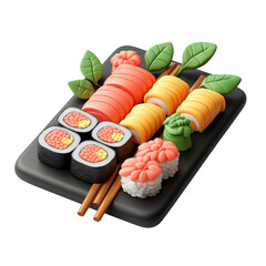 Colorful Sushi Platter with Various Types of Sushi and Garnishes