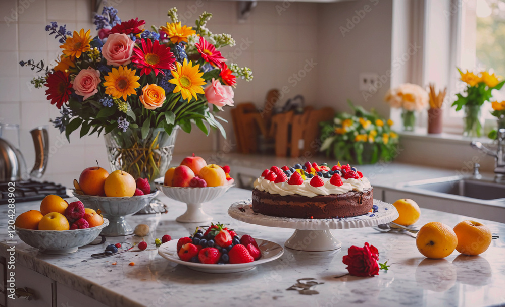 Poster a table is covered with a variety of fruits and a cake. the fruits include apples, oranges, and stra