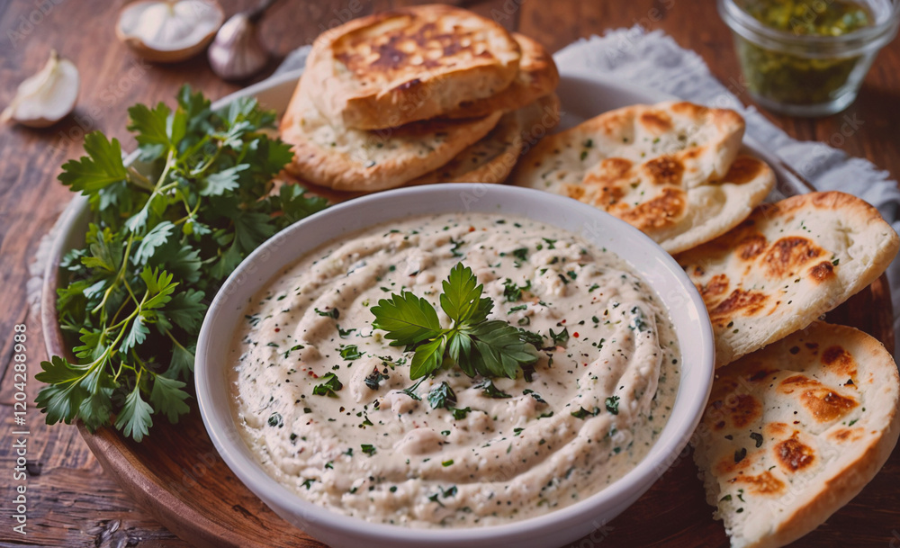 Poster a bowl of white dip with parsley on top sits on a wooden tray. there are also some bread pieces on t
