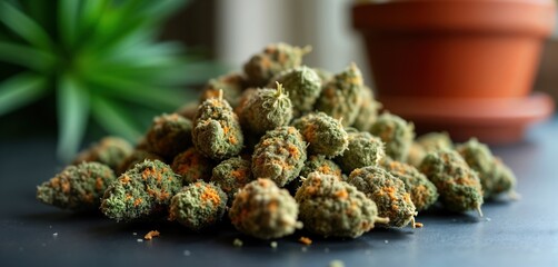 Pile of cannabis buds sits on dark table. Green and orange hues. Pot plant is visible in background. Focus on cannabis product. Image potentially for cannabis shop or medicinal use discussion.