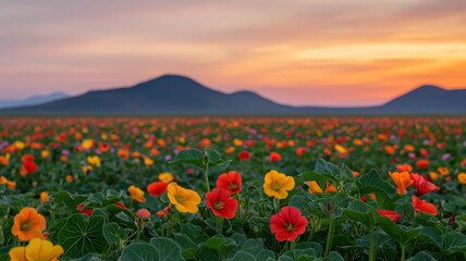 Nasturtium Vibrant flower field at sunset with mountains in the background.