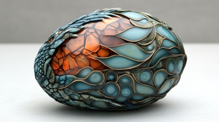 Intricately designed glass egg sculpture featuring vibrant colors and organic patterns on a neutral background