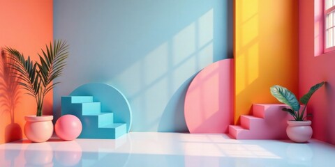 Vibrant Minimalist Room Scene with Pastel Steps, Plants, and Geometric Shapes in Sunny Light