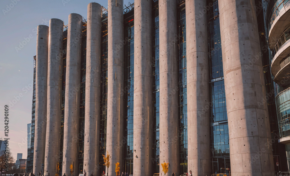 Poster A tall building with many windows and a large tower. The building is made of concrete and has a modern design