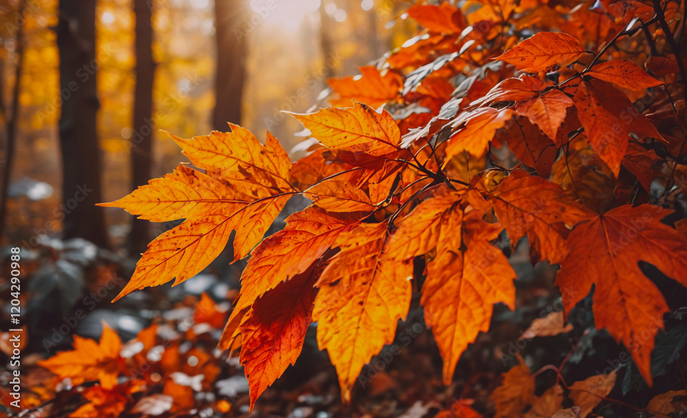 Aufkleber a tree branch with orange leaves is in the foreground. the leaves are bright and vibrant, creating a