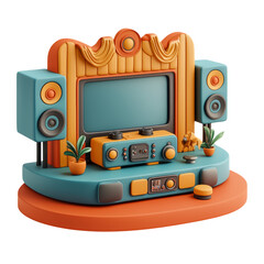 Colorful Retro Style Television Set with Speakers and Plants