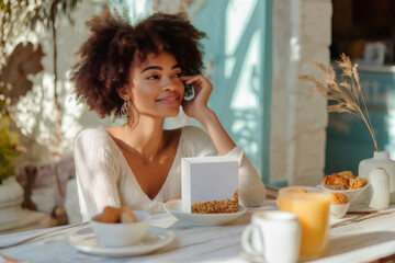 Smiling black woman advertising cereal brand while having breakfast at home, healthy lifestyle and food advertising concept