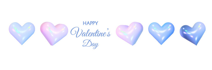 3D hearts in difference positions, glossy shiny, holographic and blue  vector objects isolated on white background. Valentine's Day and 14 February design