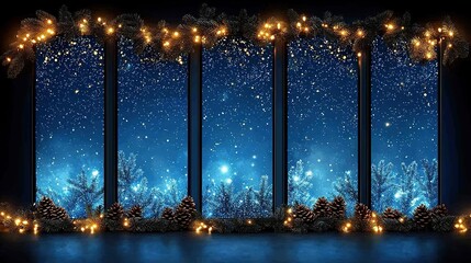 Snowy night scene viewed through a large window decorated for Christmas.