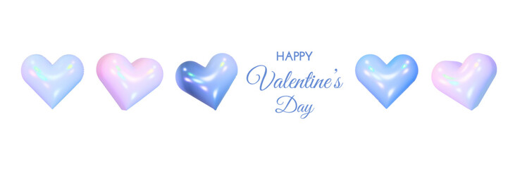 3D hearts in difference positions, glossy shiny, holographic and blue  vector objects isolated on white background. Valentine's Day and 14 February design