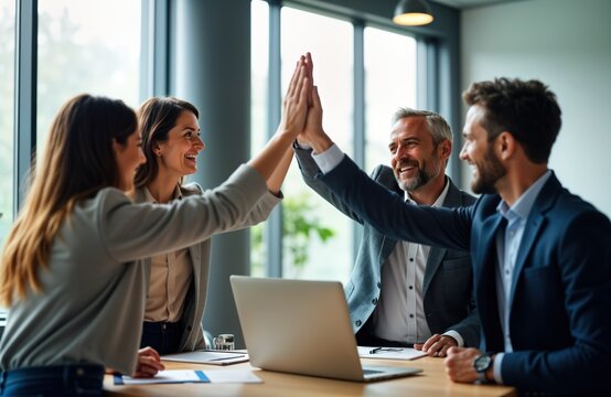 Business team celebrates project success in office. Employees high five each other. Happy, proud of achievement. Teamwork, collaboration are key. Modern office environment. Focused on business goals.