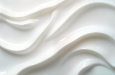 Pure white cream texture forms flowing waves, curves. Smooth, delicate organic substance. Abstract beauty product background. Luxury cosmetics food. Creamy, whipped substance creates beautiful visual
