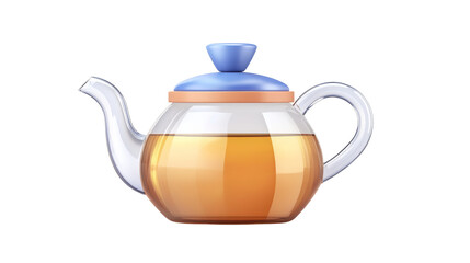Fototapeta premium A stylish teapot with a blue lid and orange accent, filled with golden tea, showcasing its elegant design and shape.
