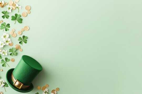 Leprechaun hat, gold coins, shamrocks, and flowers creating festive saint patrick's day border