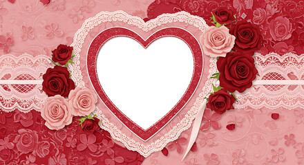 Romantic Heart-Shaped Digital Frame with Pink & Red Florals for Valentine's Day Photo Invitations