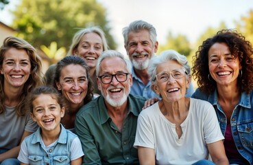 Multigenerational group poses outdoors. Diverse family members smile happily at camera. Seniors, adults, children close together. Relaxed, cheerful family enjoying sunny day in park. Strong bonds,
