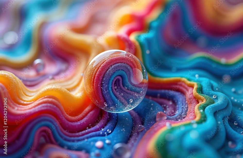 Poster Abstract macro photo of colorful soap bubbles. Rainbow colors blend into wavy patterns. Water droplets add texture. Clear sphere sits within colorful structure. Intricate details of surface show