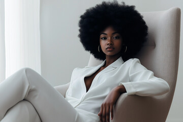 A woman with curly hair is sitting in a chair wearing a white outfit. Generative Ai.