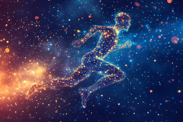 Futuristic digital illustration of a human figure running, made of glowing neon lines and interconnected nodes, set against a cosmic background of vibrant blue and orange light particles.