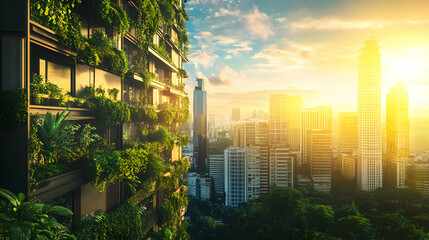 Eco-Friendly Cityscape Blending Urban Development with Lush Greenery for a Sustainable Future-