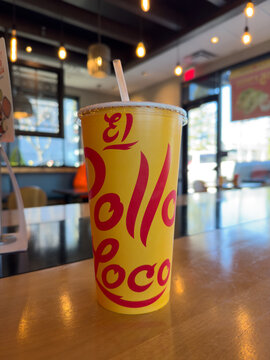 Large-size soda drink inside El Pollo Loco fast food restaurant.