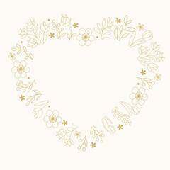 Hand drawn gold floral heart with copy space. Flower branch botanical frame for monogram, wedding logo, invitation, postcard, and more. Vector illustration isolated on light background.