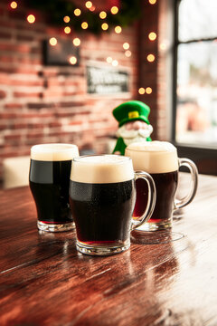 Cold refreshing dark beer pints sitting on wooden table in irish pub