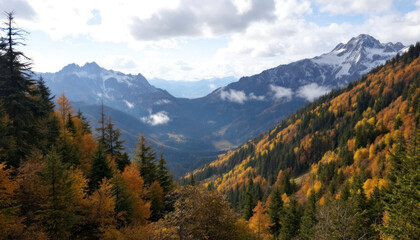 Fototapeta premium Stunning Autumn Mountain Valley Landscape with Golden Trees