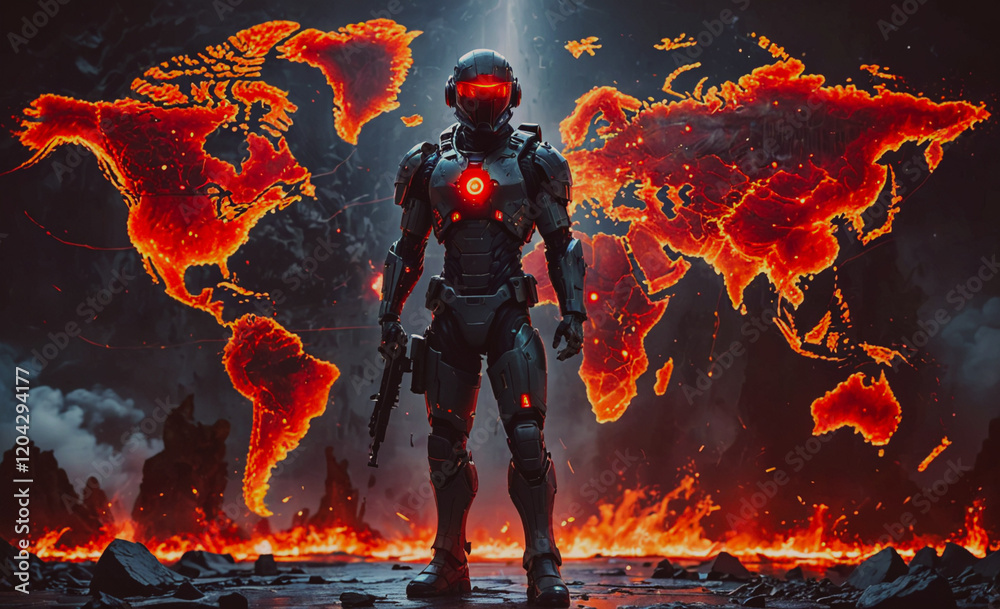 Poster A man in a suit stands in front of a map of the world with a red background. The man is holding a gun and he is a soldier. The image has a futuristic and dystopian feel to it, with the red background