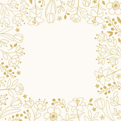 Golden floral frame with copy space on light background. Floral template for invitation, birthday, Mothers day, Valentines day, social media post, greeting card.