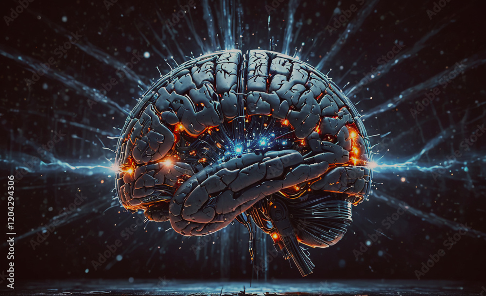 Poster A brain with a lot of damage and a lot of sparks coming out of it. The brain is surrounded by a lot of light and it looks like it's in a sci-fi movie