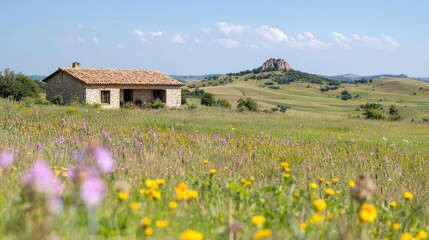 Stone house in rural landscape, wildflowers foreground, hill in background; idyllic setting for travel brochures