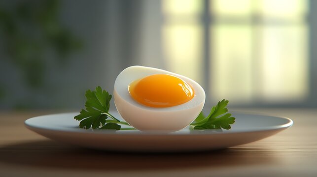 A hard-boiled egg halved to reveal its bright yolk, served on a plate with a garnish of fresh parsley.