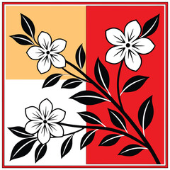 Elegant Floral Design with Black and White Flowers on Red and Yellow Background