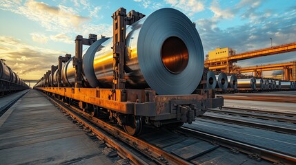 Industrial Steel Coils Being Loaded onto Railcars at a Metal Processing Plant