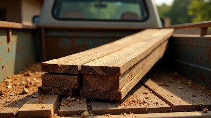 Rustic Wooden Lumber Stacked in a Vintage Truck Bed Ready for Construction