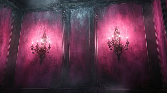 Elegant interior with pink walls and ornate chandeliers, creating a moody atmosphere for events