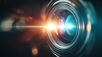 A highly detailed optical lens with a powerful beam of light shooting through it, creating a soft glow in the surrounding space.