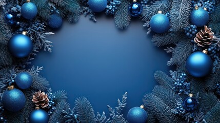 Festive blue and green holiday wreath with ornaments and pinecones on a dark background
