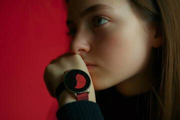 Close up of a pensive young woman presenting a modern red wristwatch on a vibrant red background