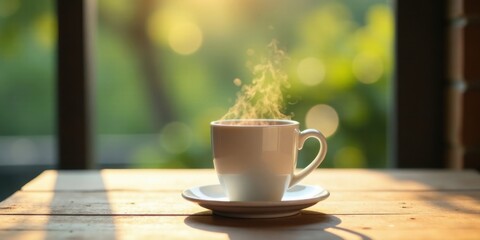 Aromatic Steam Rising from a Warm Mug on a Sunny Wooden Table