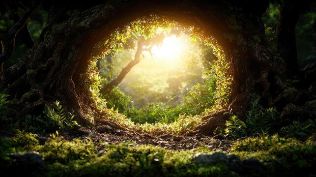 Magical forest portal, sunlight, lush greenery, fantasy background; ideal for game design