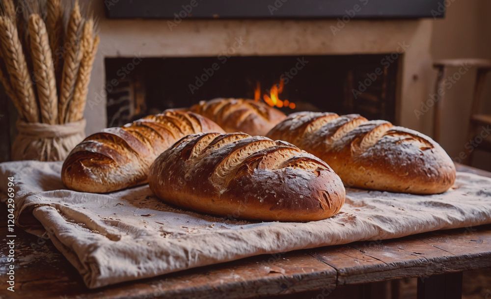 Poster three loaves of bread are sitting on a table next to a fireplace. the bread is covered in a white po